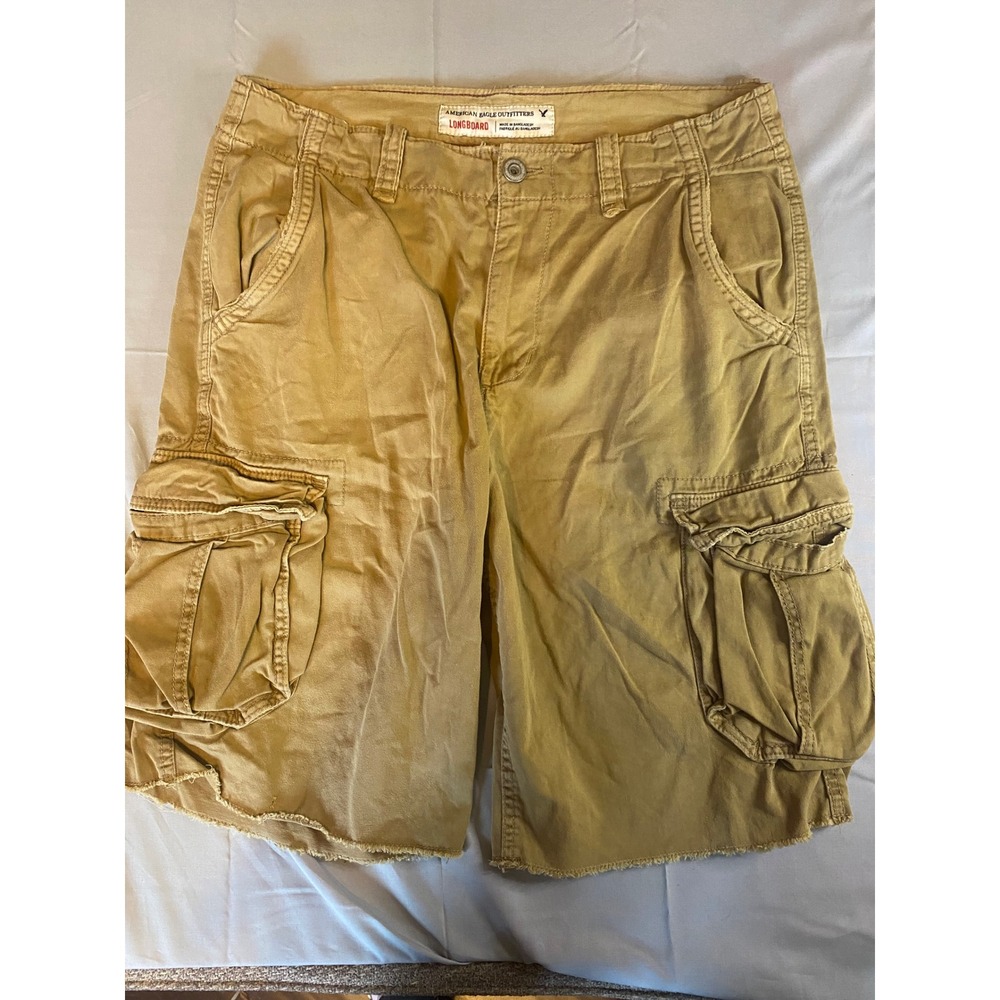 American Eagle Longboard Cargo Shorts Mens 34 Khaki  Raw Hem Utility